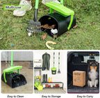 Compact upright storage view of the pet waste bin and rake standing together.