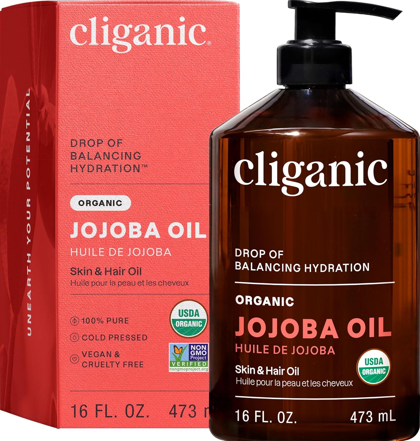 Cliganic Organic Jojoba Oil 16oz bottle with pump dispenser for easy skin application
