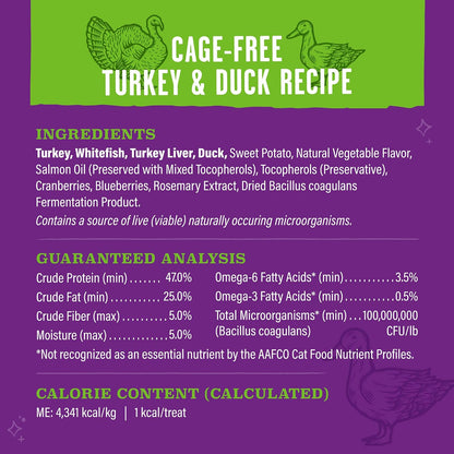Natural cage free turkey and duck healthy treats poured out for cats