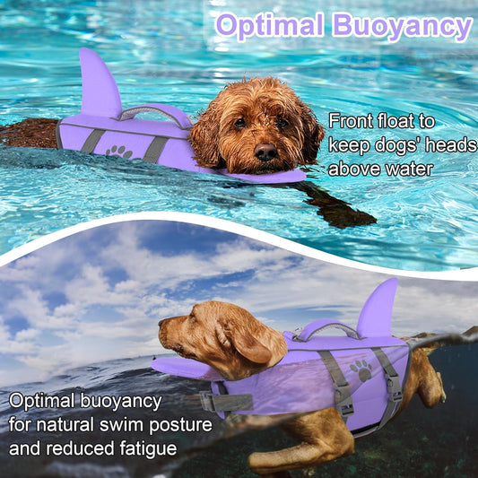 Side profile of dog wearing Dogcheer shark fin life vest