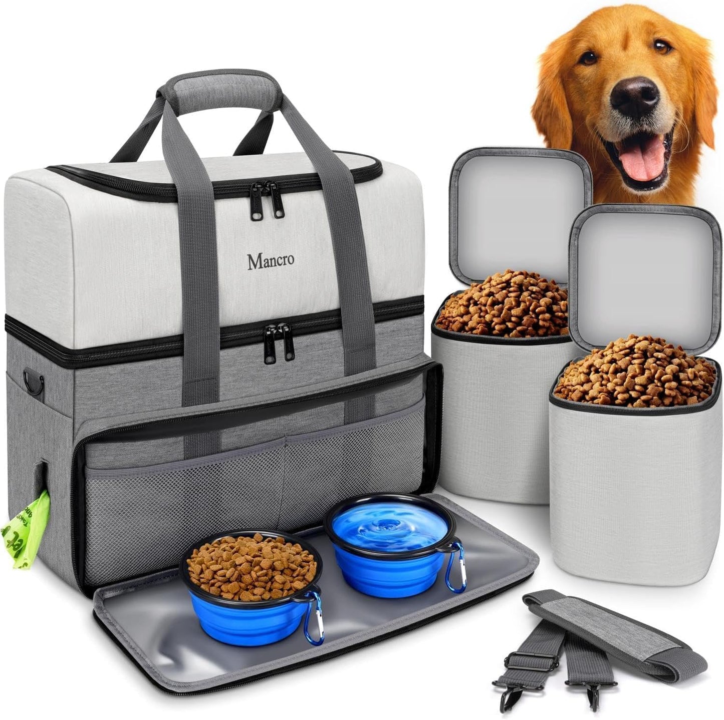 Mancro Dual Layers Dog Travel Bag front view packed with pet supplies