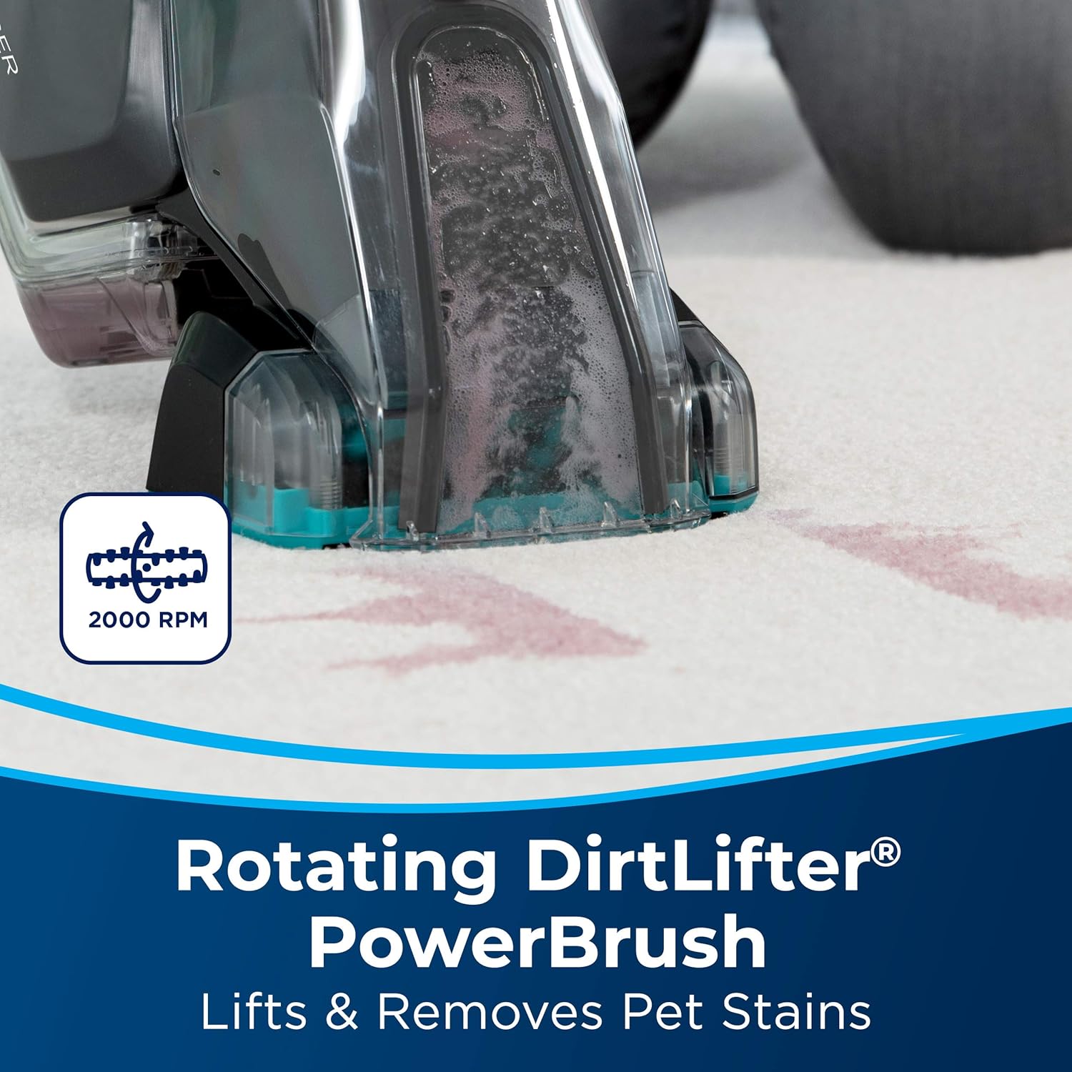 Bissell portable carpet cleaner rotating DirtLifter brush roll close up