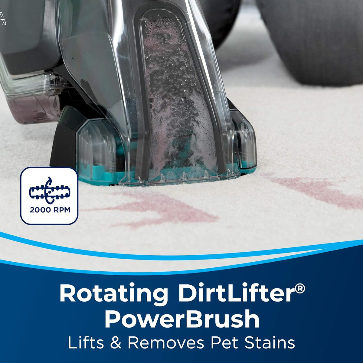 Bissell 2837 cordless carpet cleaner showing rotating brush head