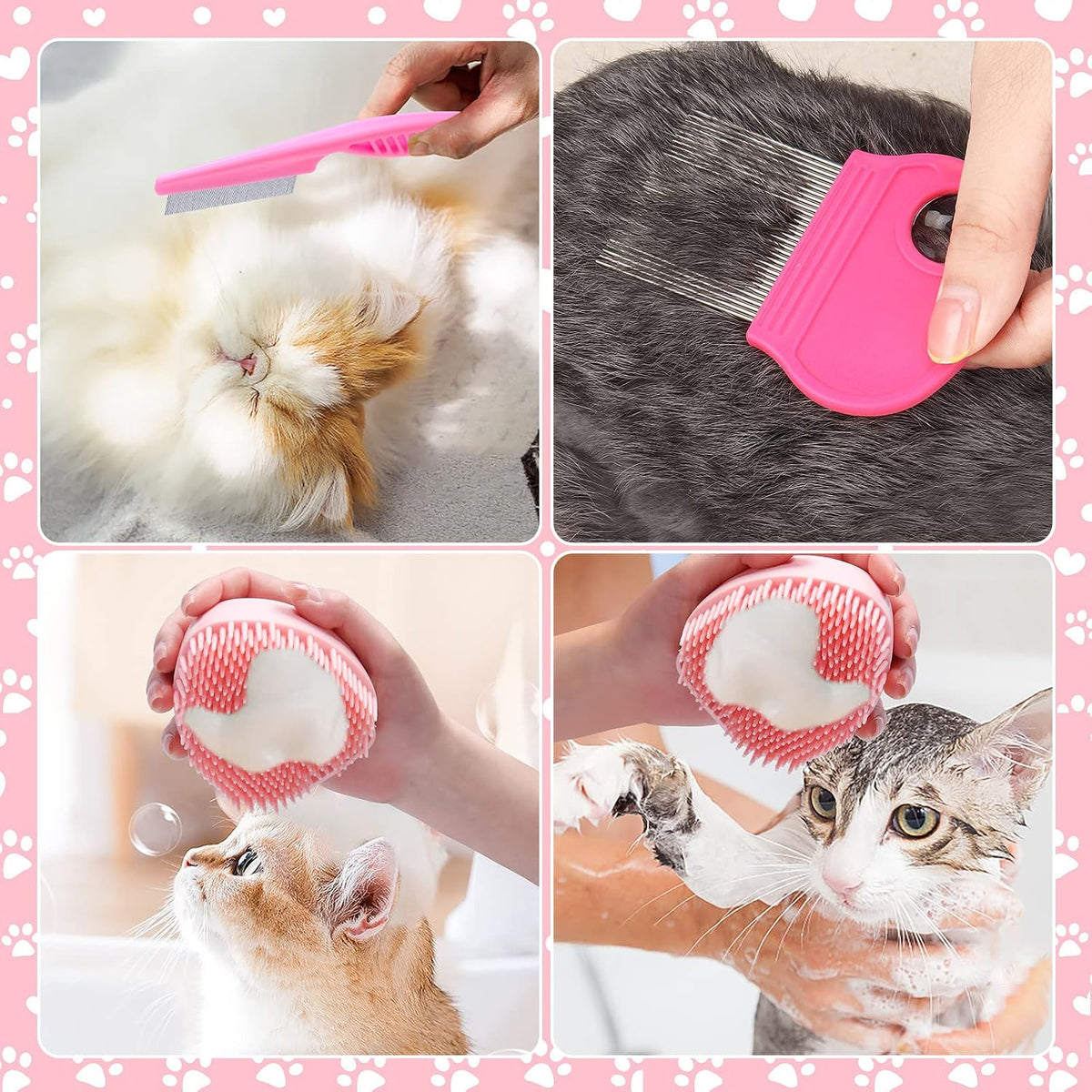 Dual stainless steel flea combs with long and short teeth for comprehensive coat detangling.