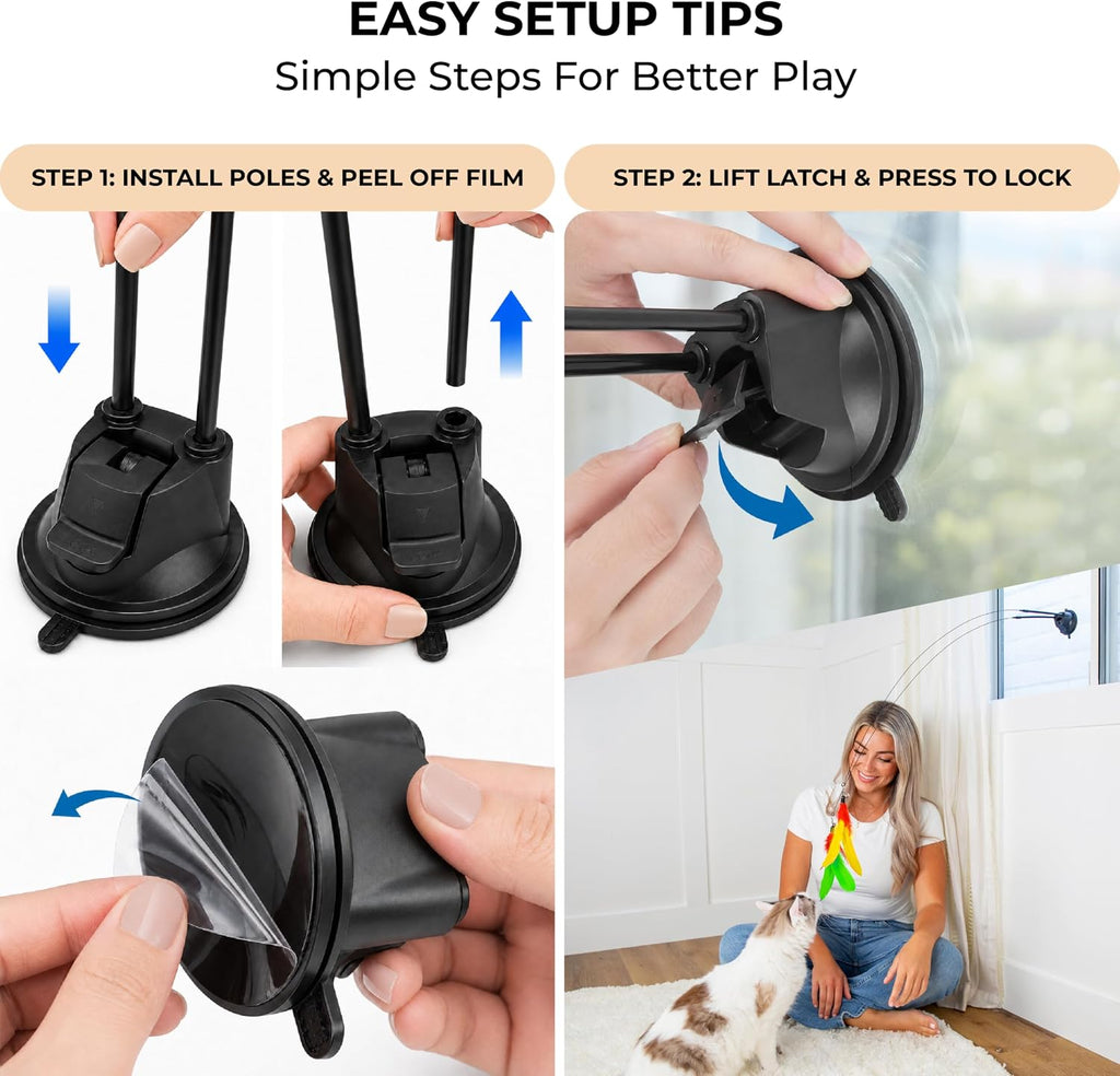 Suction cup cat toy mounted on a glass window for indoor solo play.