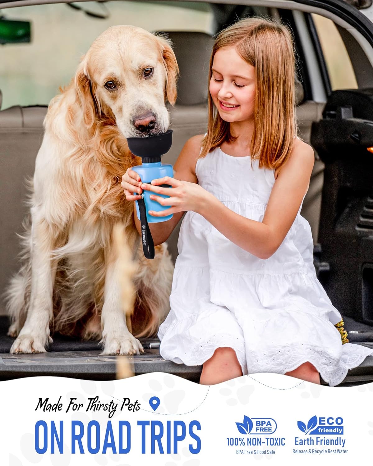 Lightweight portable puppy drinking cup being attached to a backpack loop.