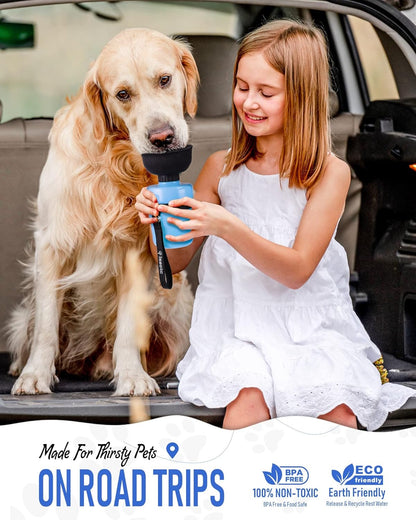 Lightweight portable puppy drinking cup being attached to a backpack loop.