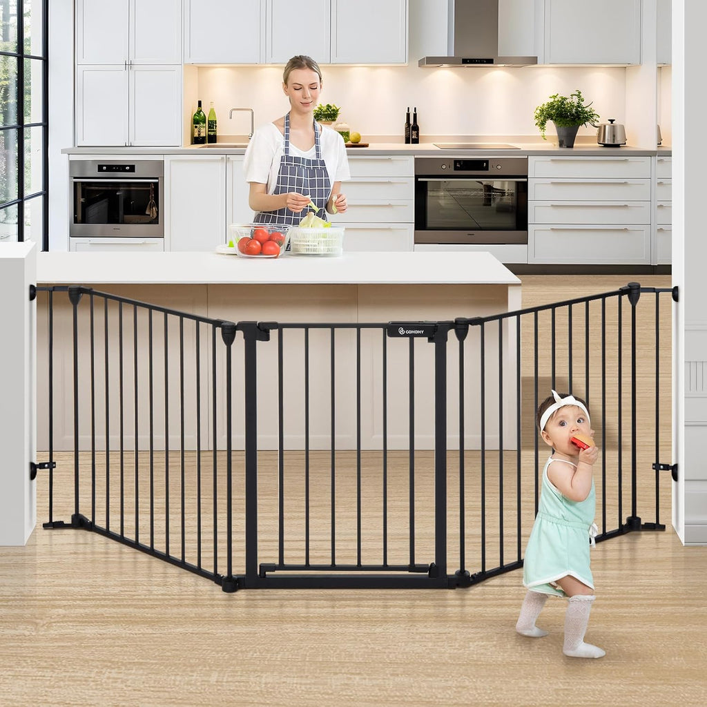 Comomy extra wide baby gate front view installed across a wide living room opening