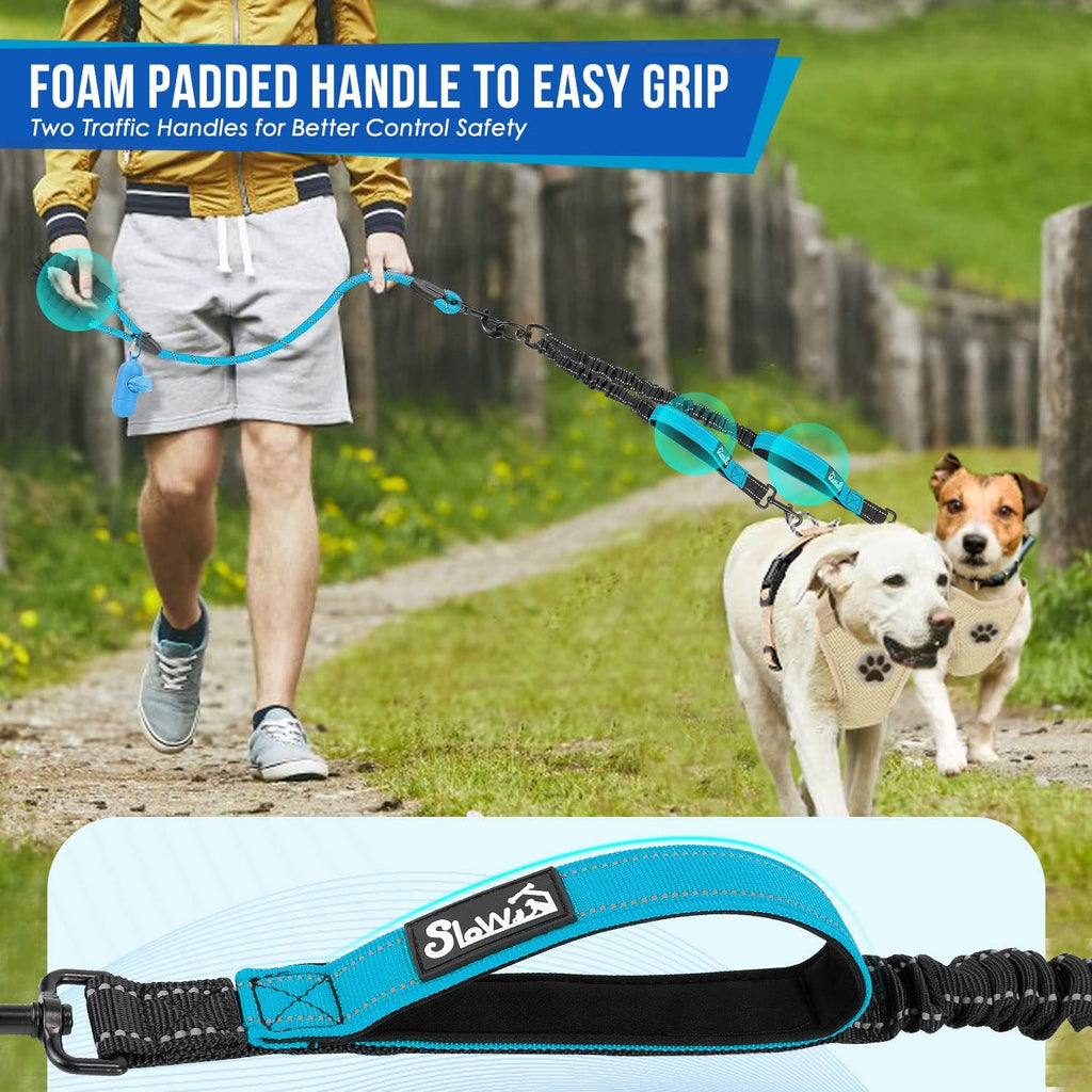 Blue medium Lukovee dual dog splitter showing heavy duty three hundred sixty degree swivel clasp.