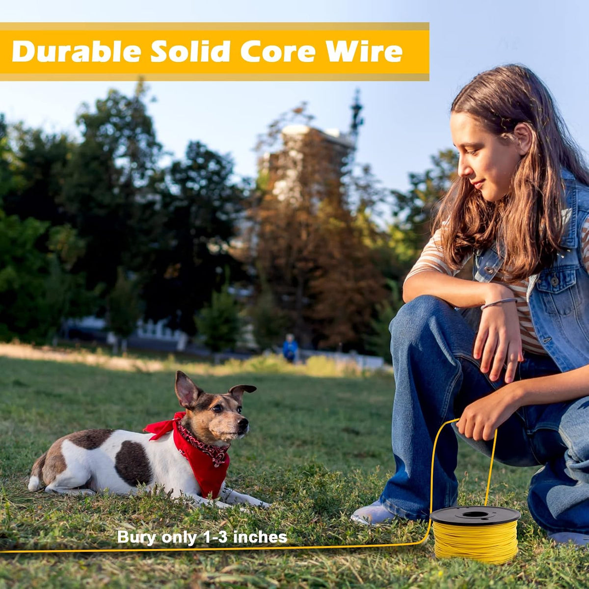 Five hundred feet copper boundary wire with yellow polyethylene coating close up