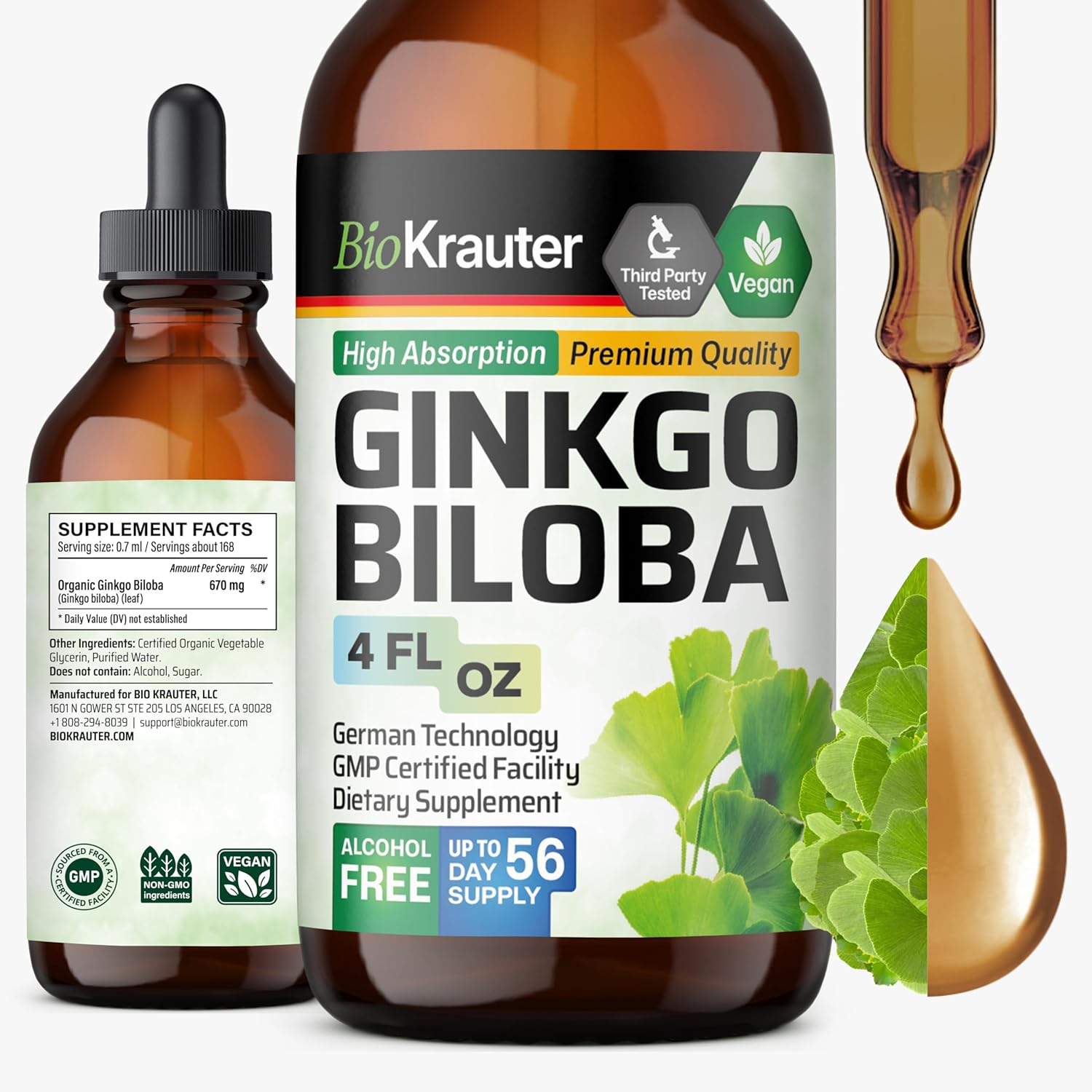 Bio Krauter Ginkgo Biloba liquid extract supplement front view for premium brain care