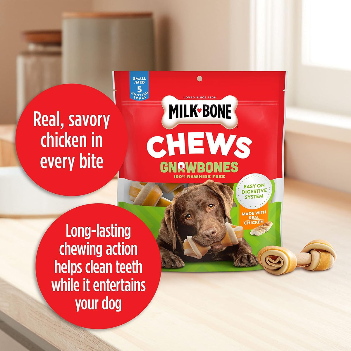 Milk-Bone rawhide free knotted bones back nutrition label details