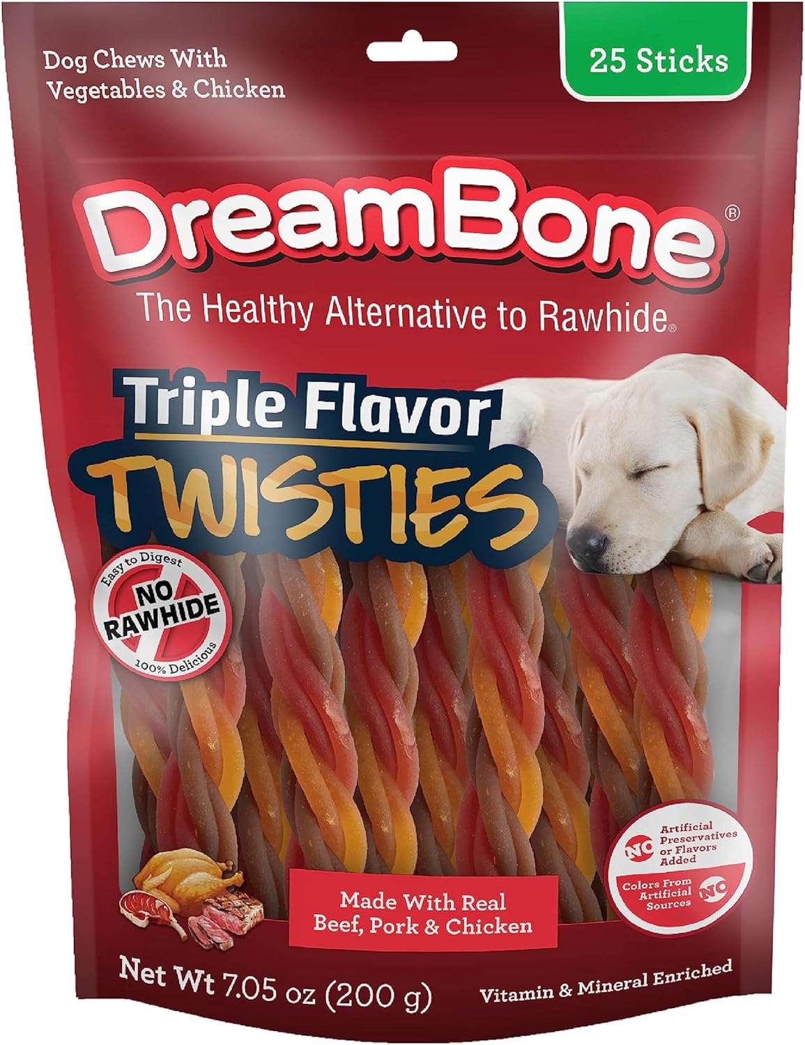 DreamBone triple flavor chicken beef and pork chew sticks for pet dental health