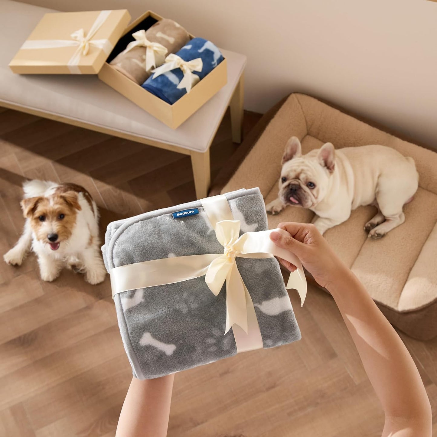 Oeko Tex certified safe pet blankets pack showing grey blue and brown variants.