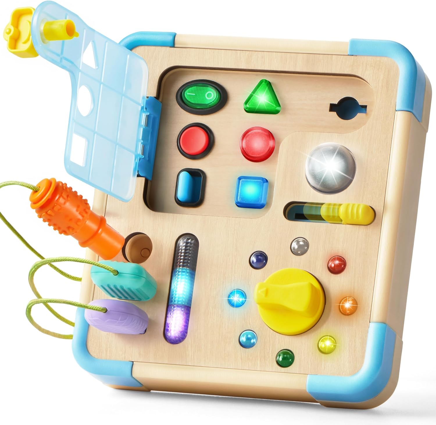 Lalalark Electronic Busy Board front view showing wooden sensory panel with switches and plugs.