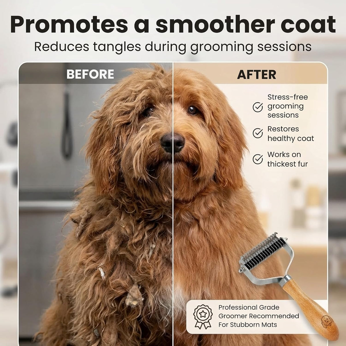We Love Doodles pet grooming comb held in hand for scale