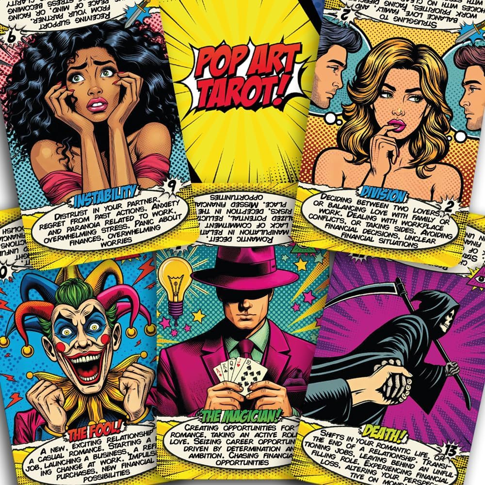 TAROTIKA Pop Art Tarot Deck front view showing bold comic book style card illustrations