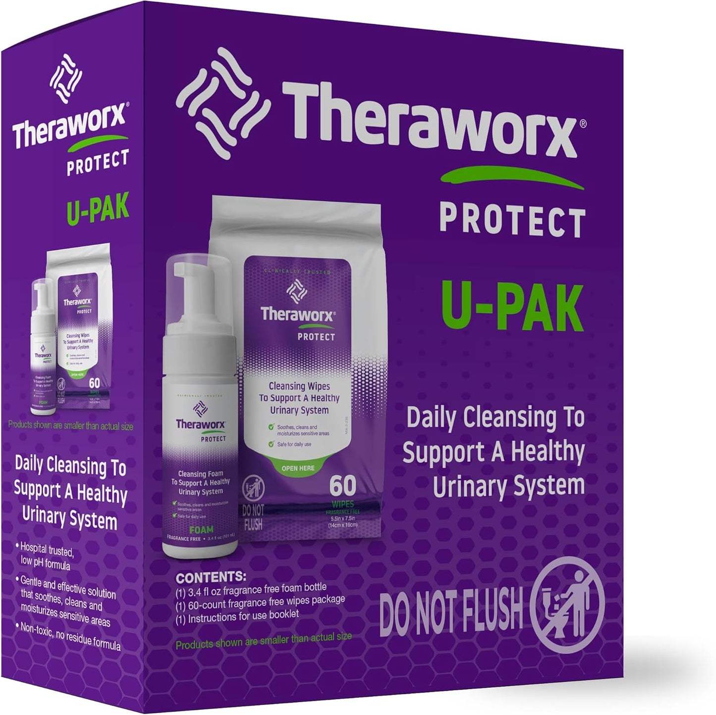 Theraworx Protect U-Pak front view showing foam bottle and wipes for urinary health.