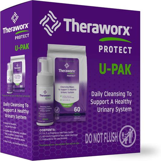 Theraworx Protect U-Pak front view showing foam bottle and wipes for urinary health.