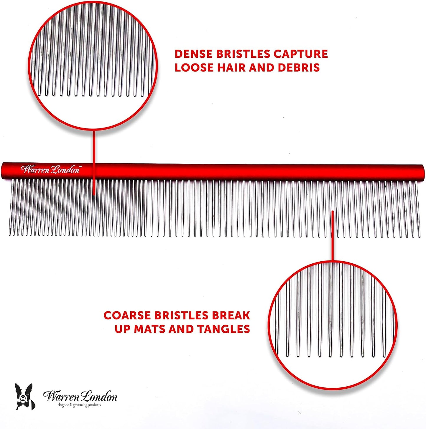 Warren London 10 inch pet supplies deshedding comb being used gently on a thick dog coat.