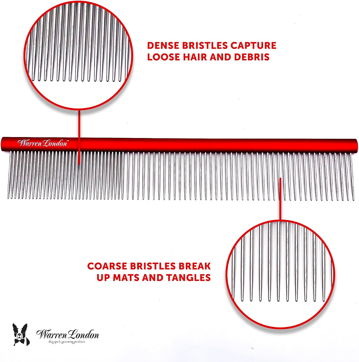 Warren London 10 inch pet supplies deshedding comb being used gently on a thick dog coat.