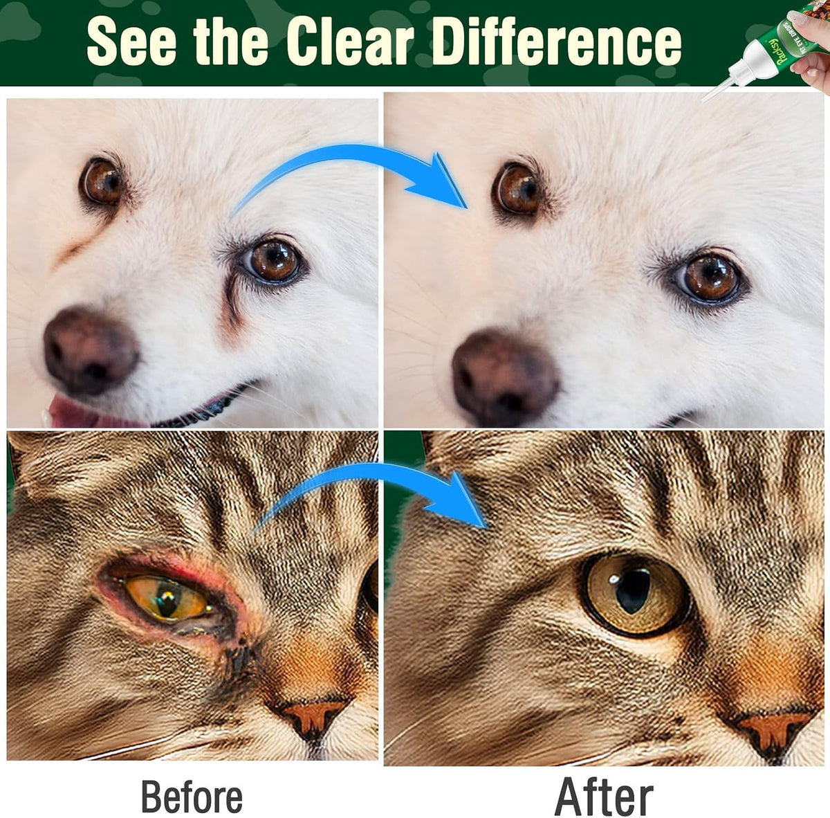 Plant extract pet eye drop bottle showing application instructions for animals.