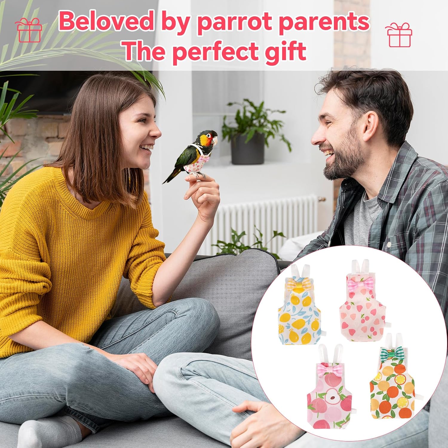 Packaging assortment of four distinct fruit patterned reusable diapers for indoor birds.