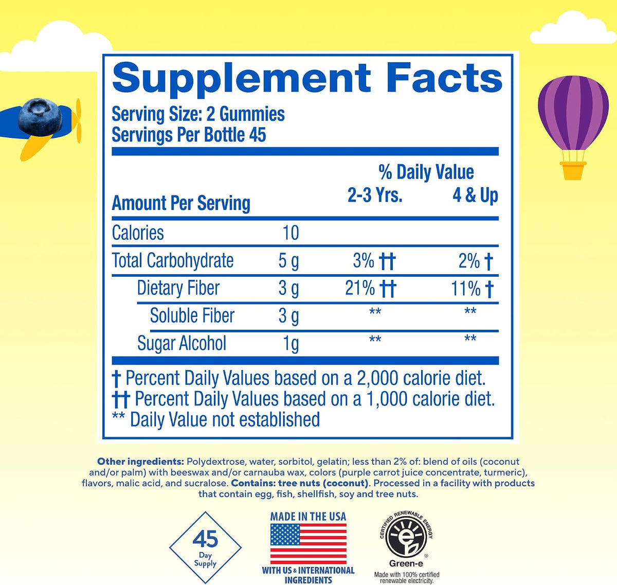 Lil Critters Kids Fiber Gummies nutritional facts panel and supplement facts.