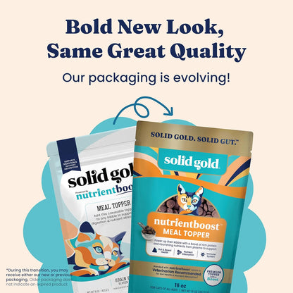 Solid Gold cat meal topper texture and crunchy bits close up