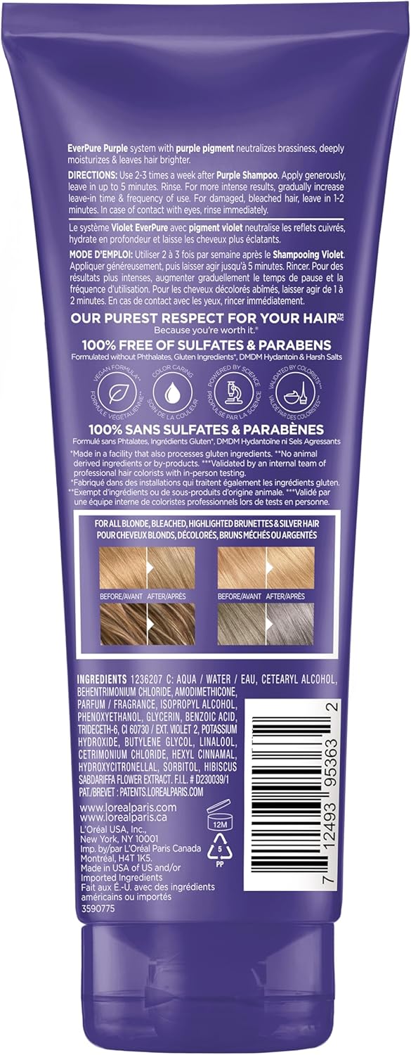 L'Oreal Paris Sulfate Free Brass Toning Purple Conditioner for Blonde, Bleached, Silver, or Brown Highlighted Hair, EverPure, 6.8 Fl Oz (Packaging May Vary) - Image 10