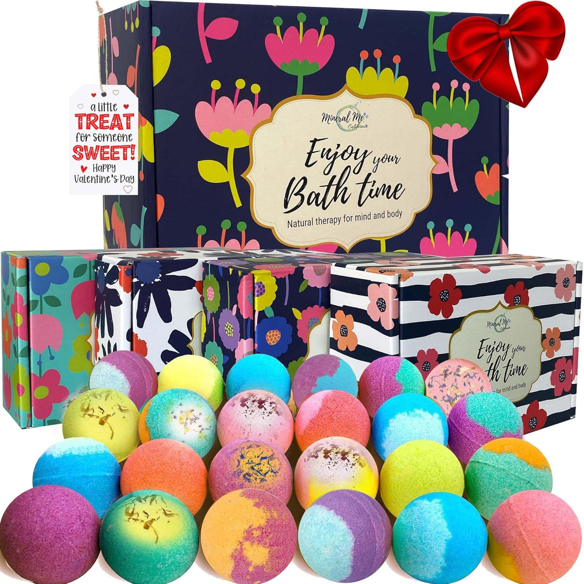 Mineral Me California bath bombs gift set front view showcasing the 24 piece collection