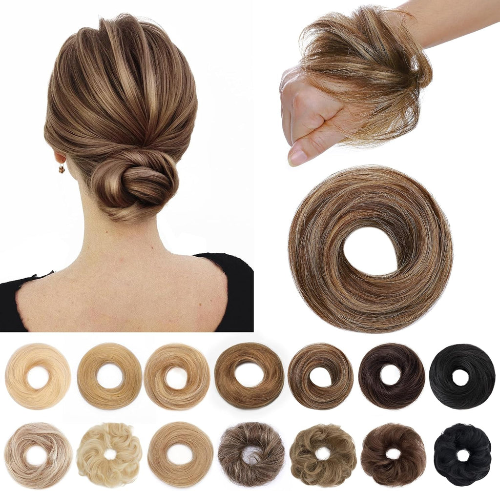 SEGO human hair messy bun scrunchie front view showing medium brown and dark blonde highlights.