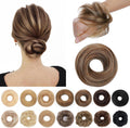 SEGO human hair messy bun scrunchie front view showing medium brown and dark blonde highlights.