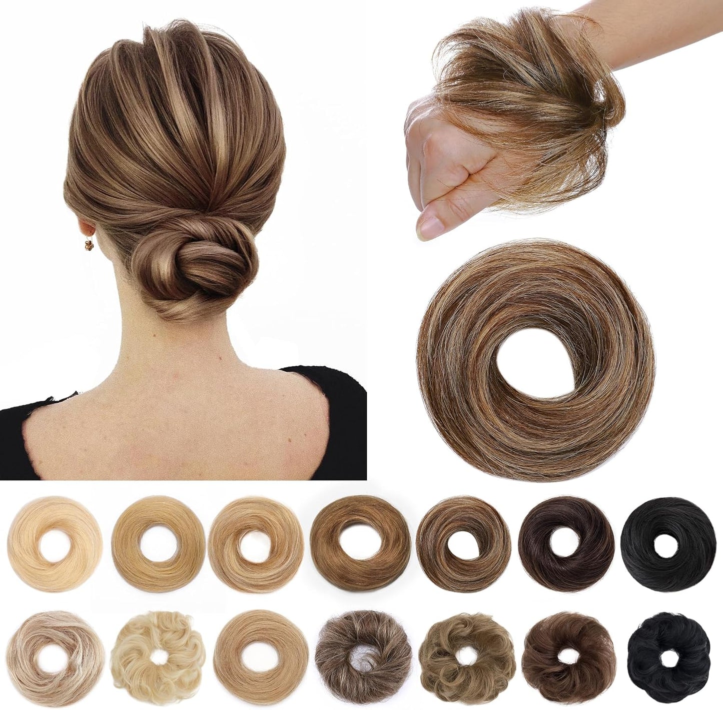 SEGO human hair messy bun scrunchie front view showing medium brown and dark blonde highlights.