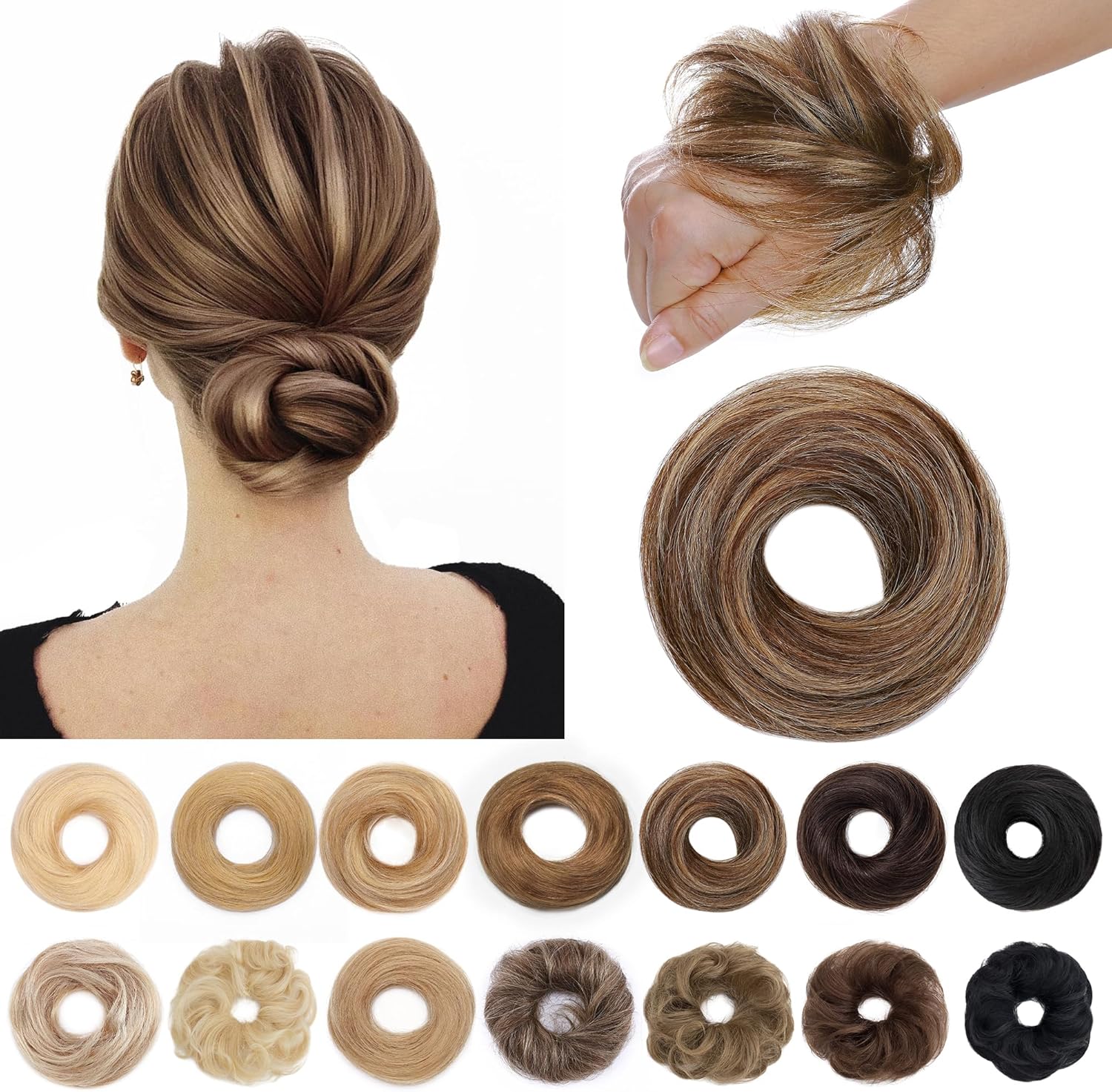 SEGO human hair messy bun scrunchie front view showing medium brown and dark blonde highlights.