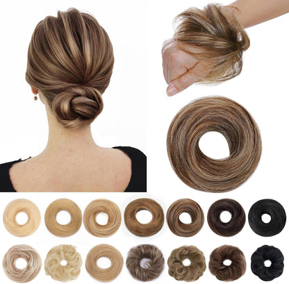 SEGO human hair messy bun scrunchie front view showing medium brown and dark blonde highlights.