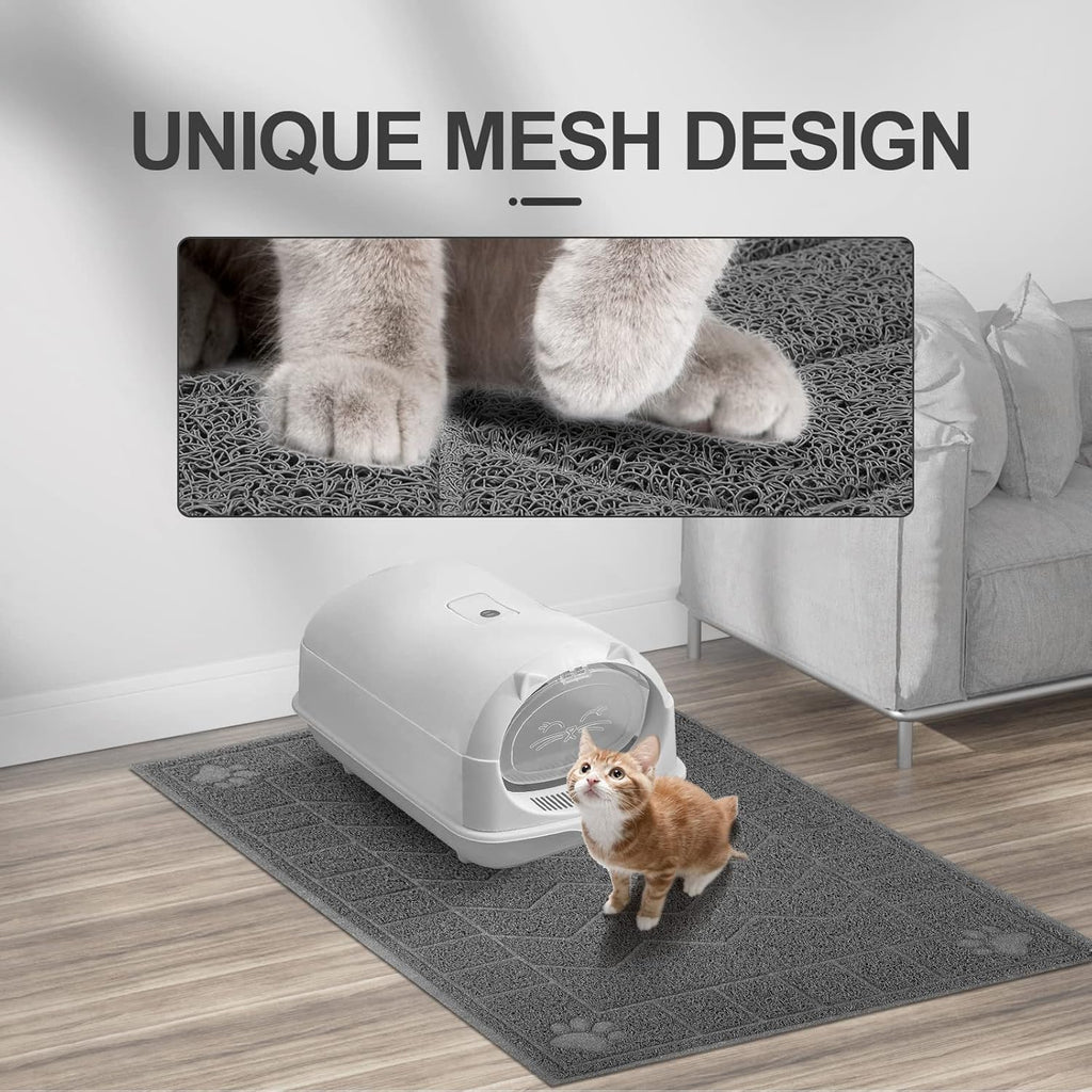 Waterproof backing of the large grey cat litter floor protector mat preventing spills