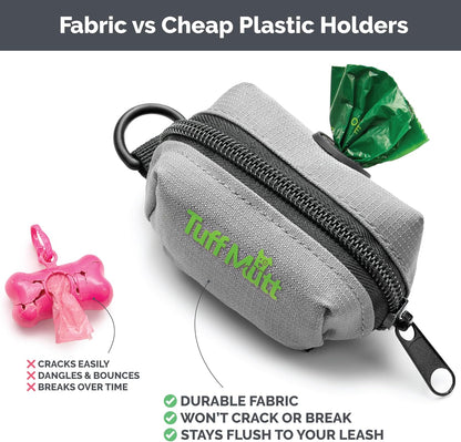 Tuff Mutt waste bag dispenser attached flat to a dog leash via Velcro straps