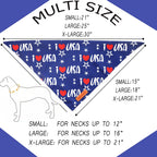 Realeaf patriotic pet scarf pack laid flat to display both reversible sides and the leather brand tag.