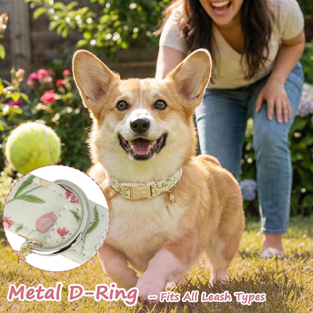 Side view of Tag4Oikia tulip patterned pet collar for daily wear