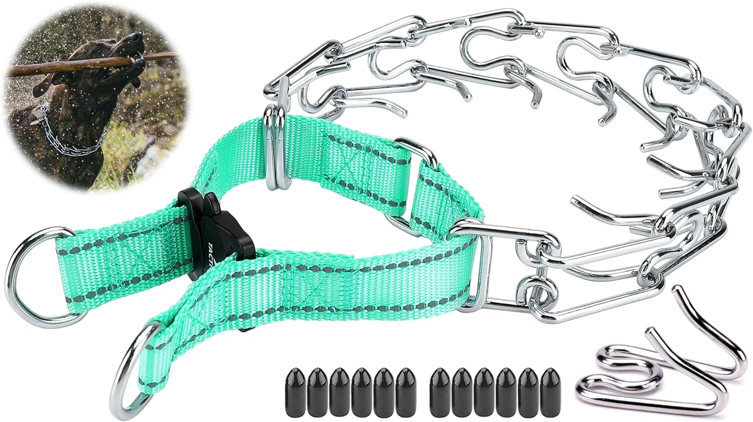DEYACE XL dog collar sizing layout demonstrating how to add or remove links for a custom neck fit.