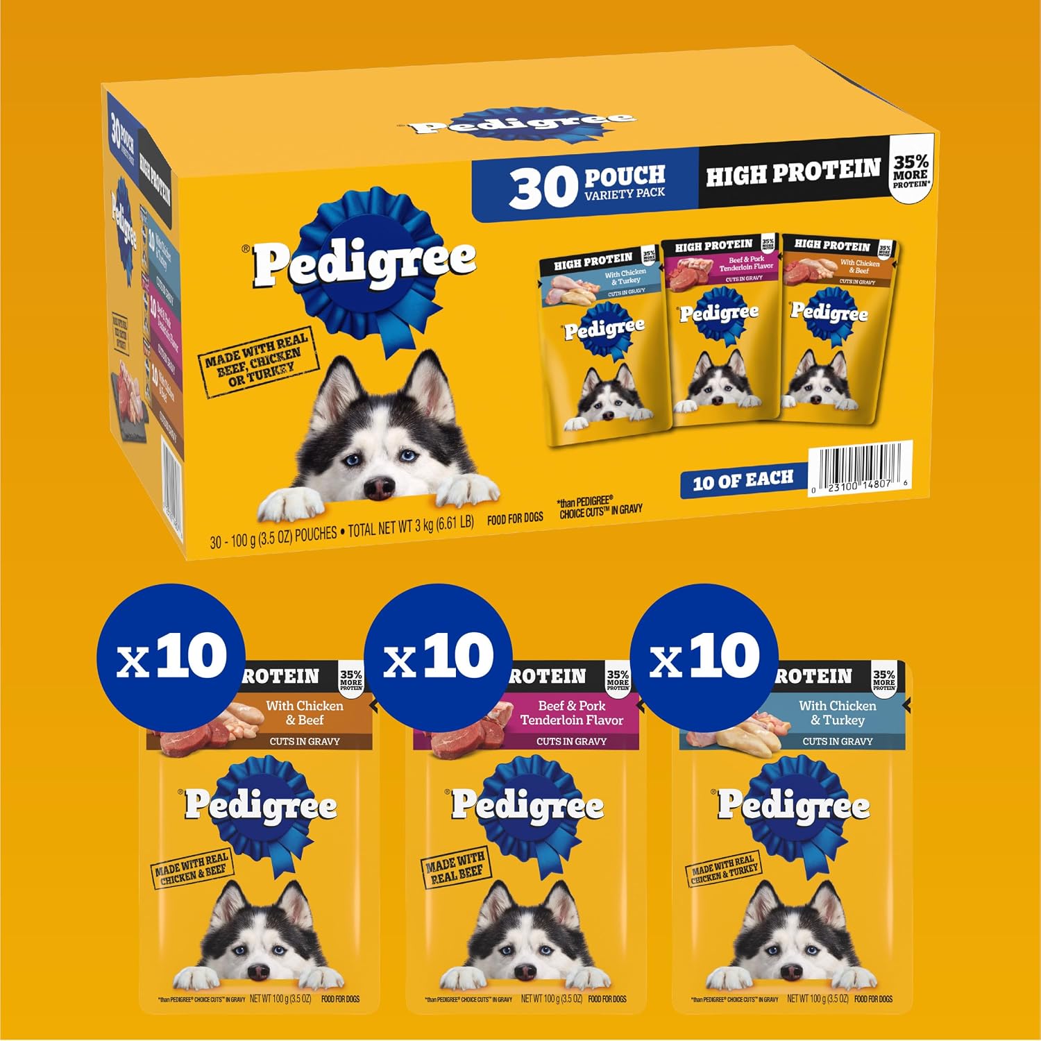 Back of Pedigree high protein wet dog food packaging showing nutritional details