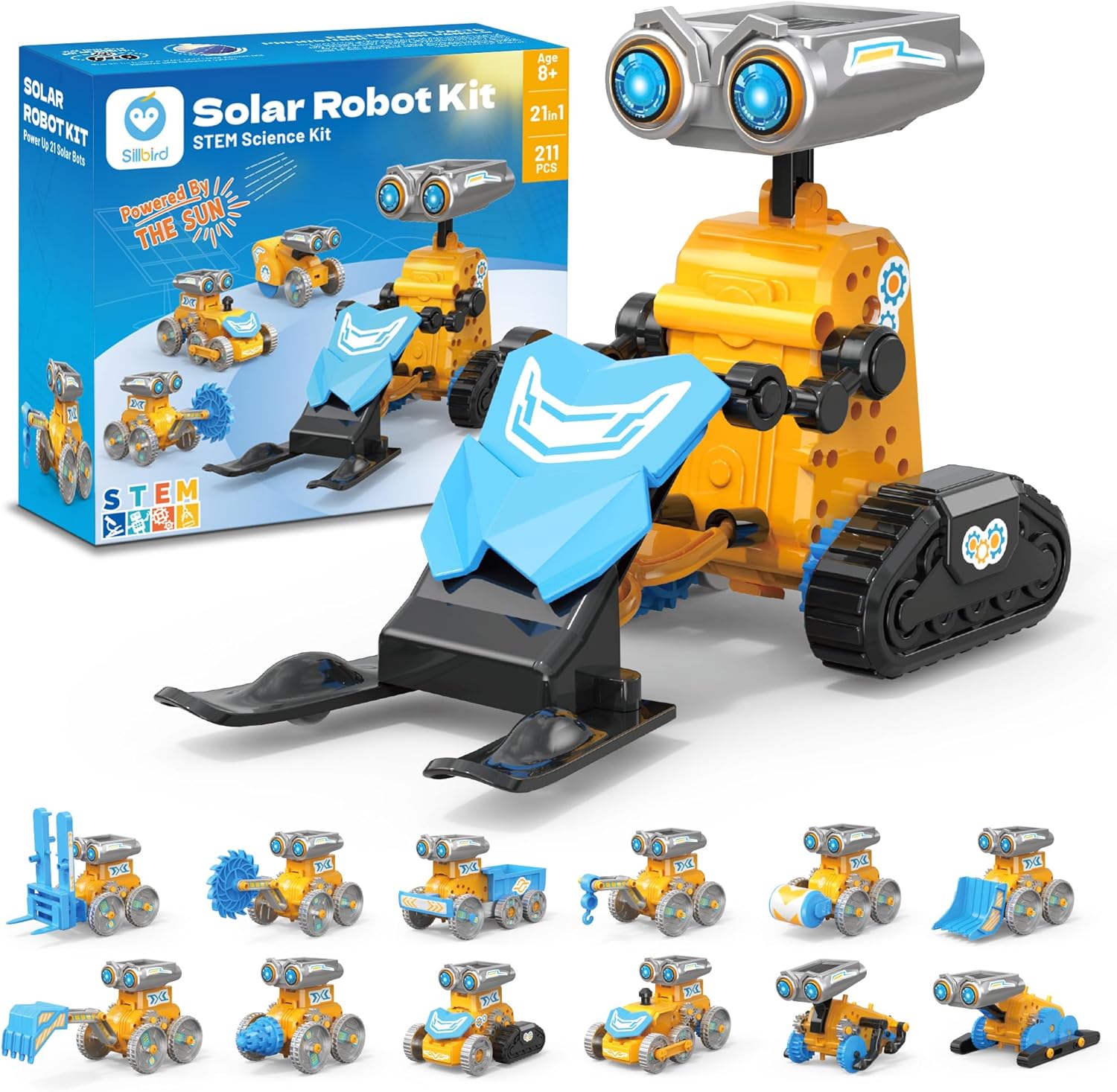Sillbird 21 in 1 solar robot building kit front view of packaging box showcasing motorized STEM educational toy models