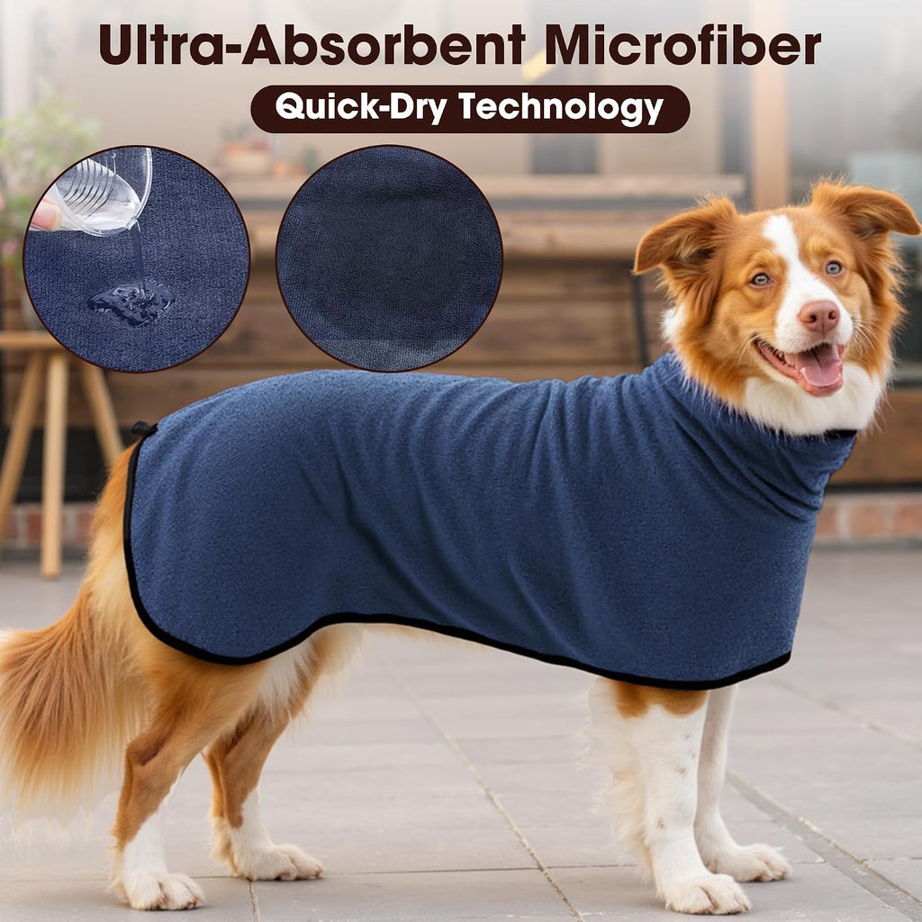 Dog wearing soft microfibre bath robe after a bath