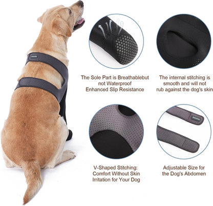 Side profile of dog recovery sleeve showing secure strap placement