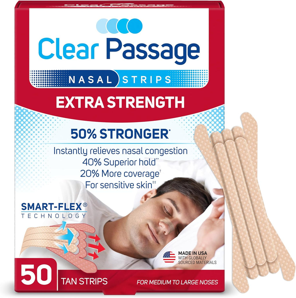 Clear Passage Nasal Strips Extra Strength Tan 50 Count front box view for snoring relief.