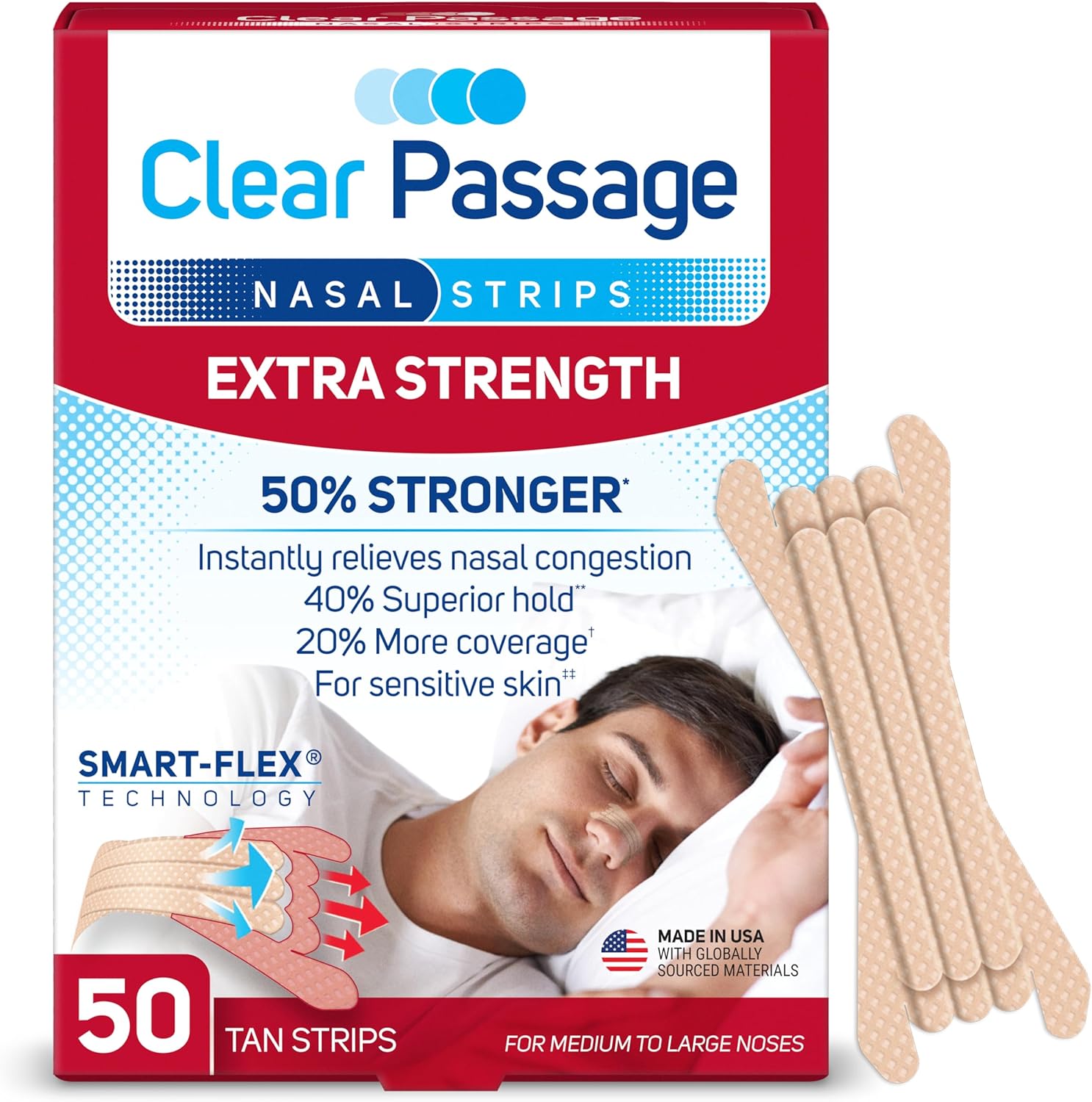 Clear Passage Nasal Strips Extra Strength Tan 50 Count front box view for snoring relief.