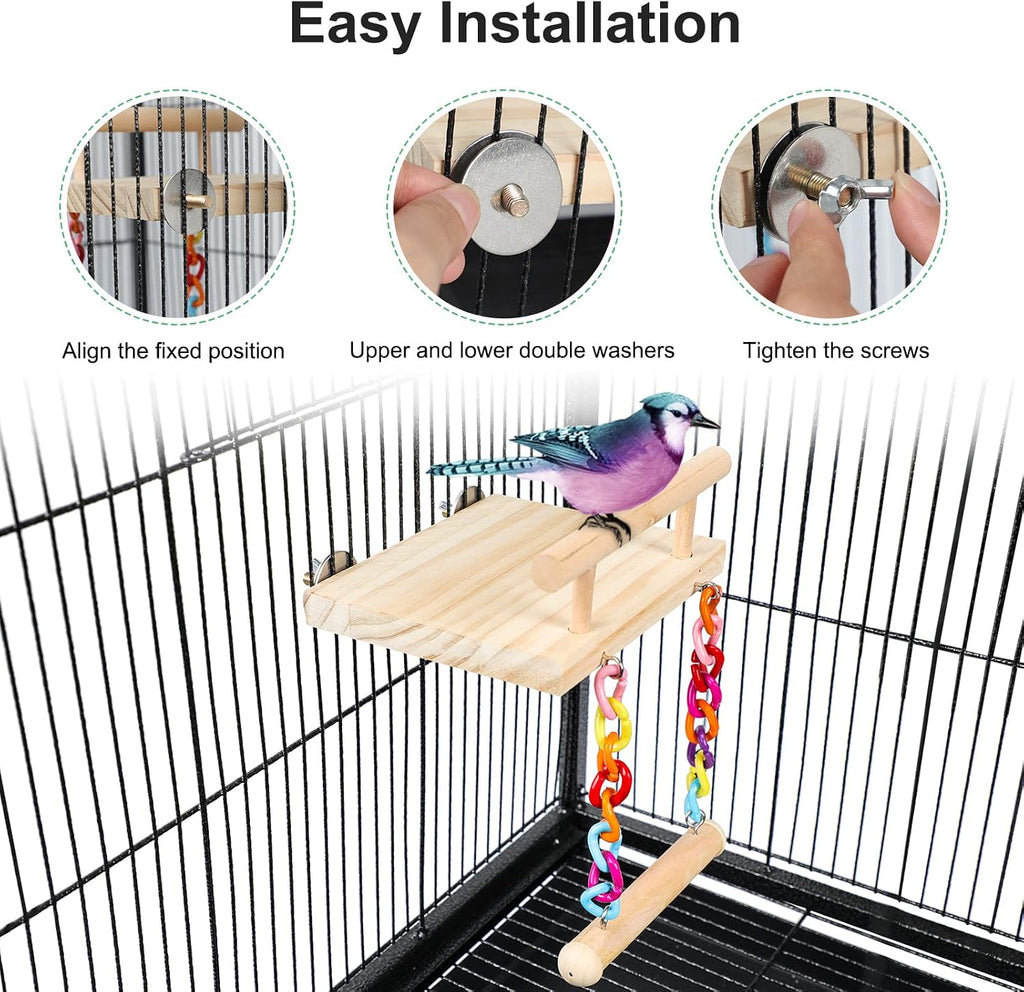 Close up of acrylic swing attached to wooden bird activity center