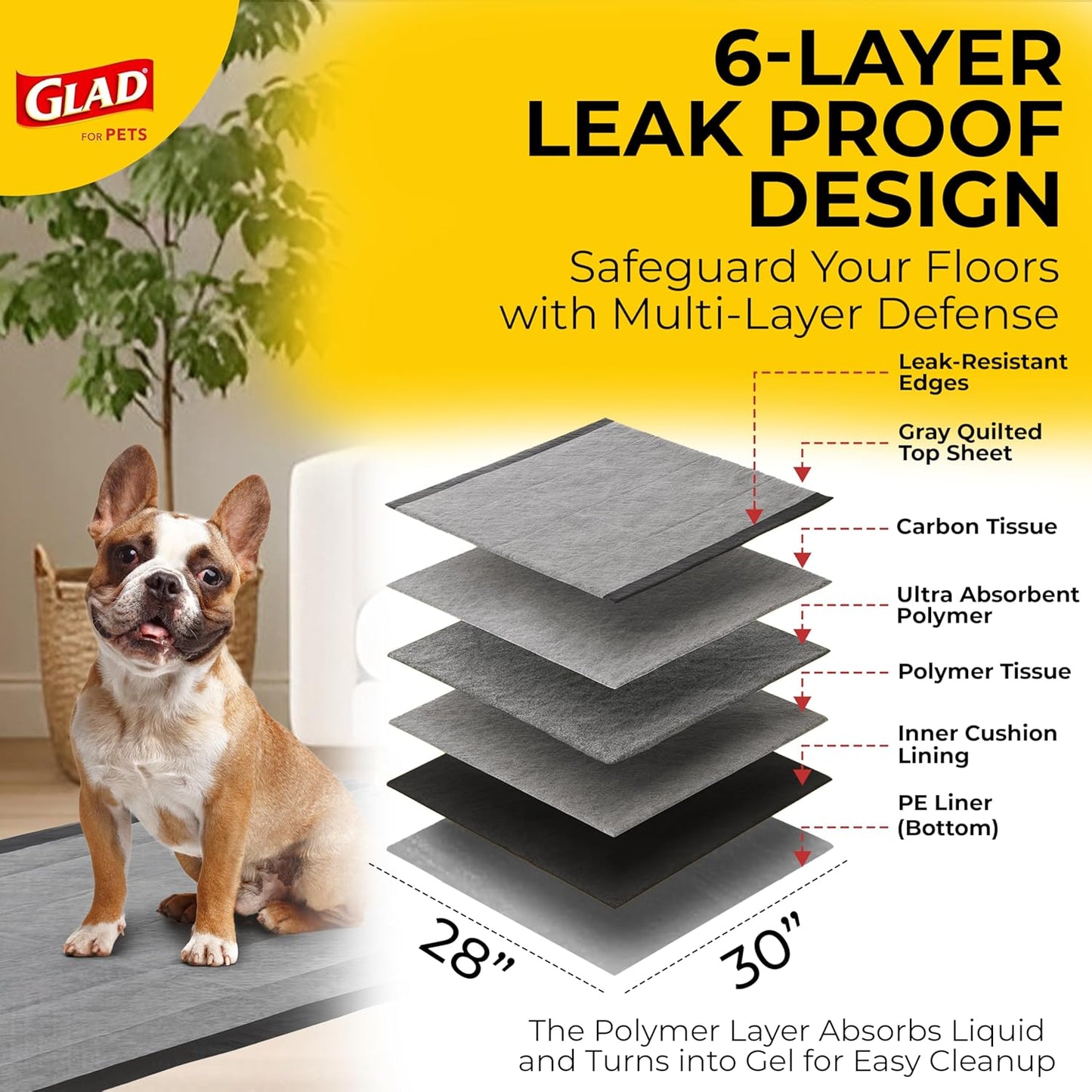 Glad jumbo size dog training pads spread out on a wooden floor
