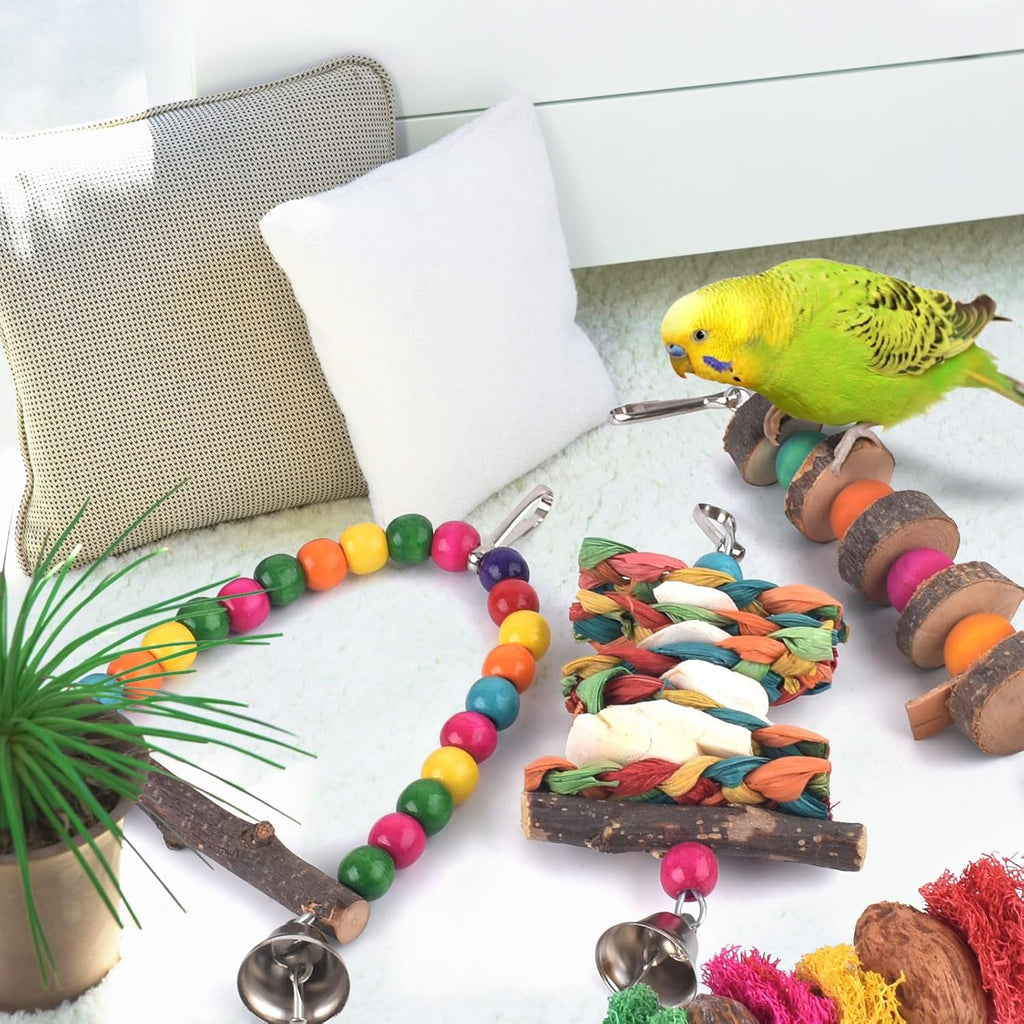 Close up of bird-safe wooden beads and natural fiber chewing toy
